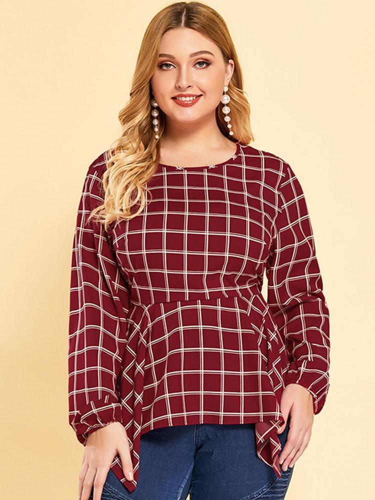 Plaid Irregular Hem Round Neck Blouse