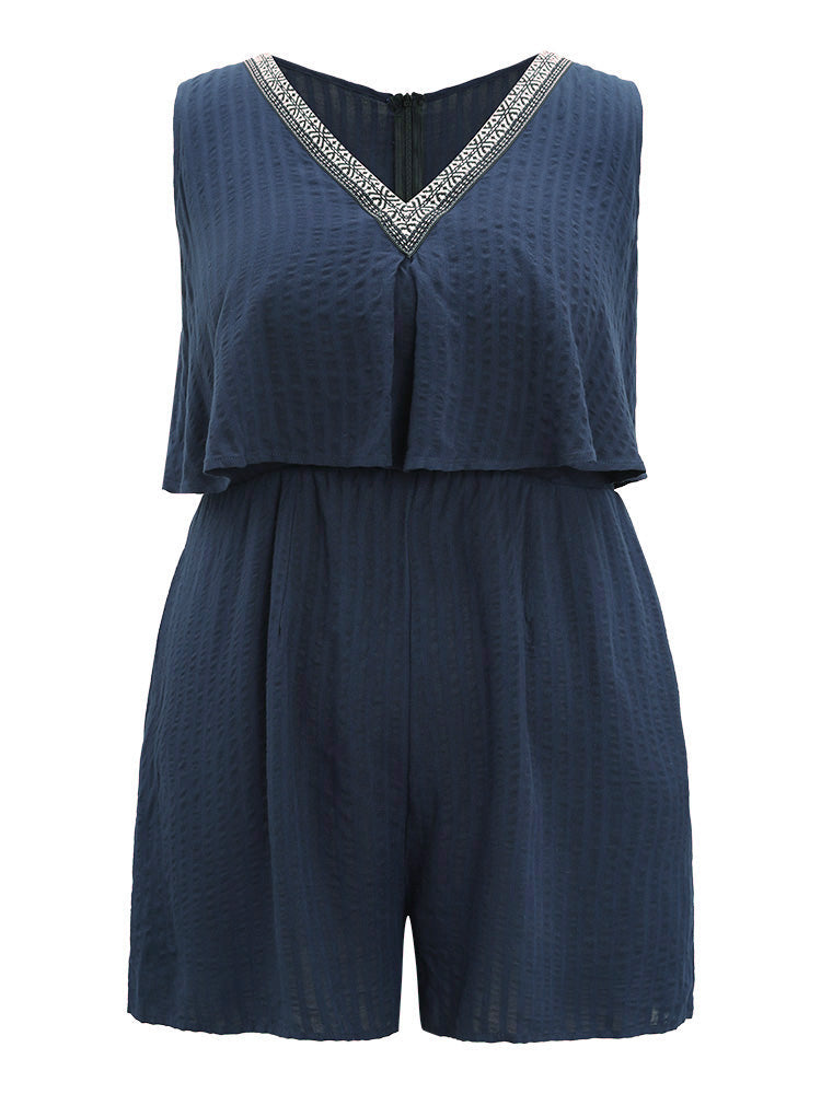 Solid Pocket Layered Front Zipper Tank Romper