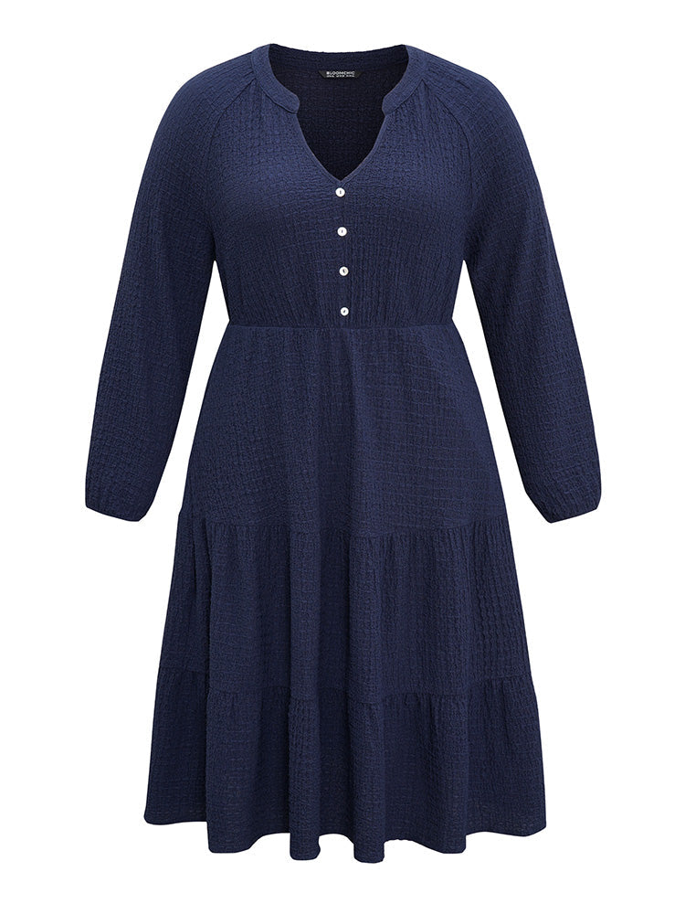 Notched Button Detail Ruffle Layered Hem Dress