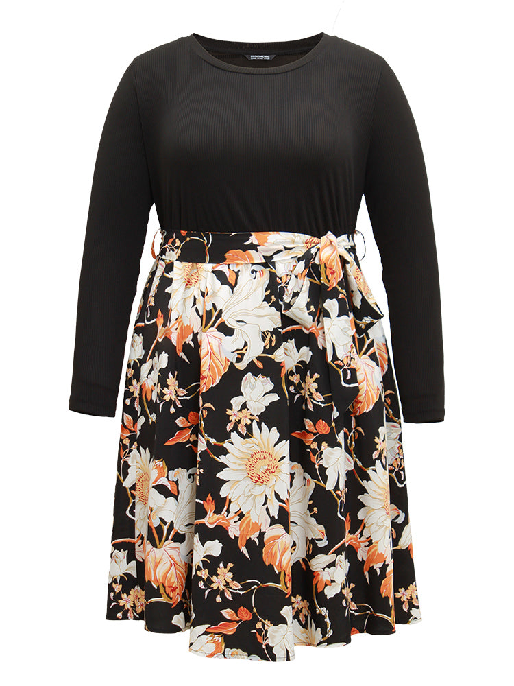 Floral Print Rib Knit Belted Dress