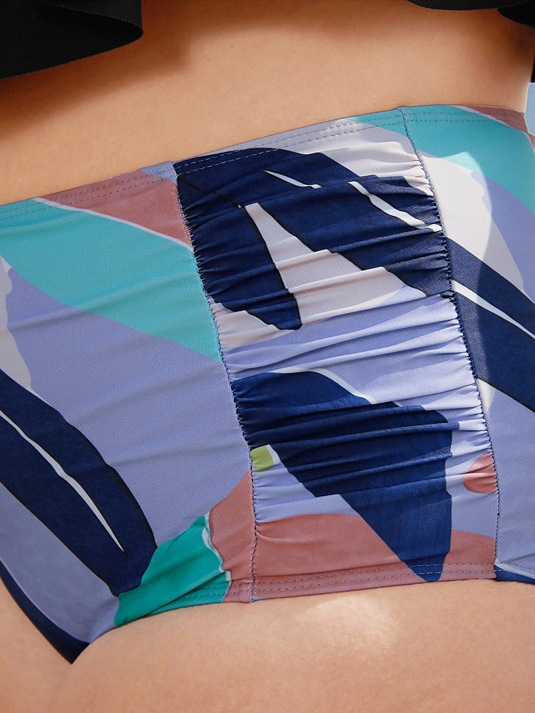 Plant Print Ruched Contrast Bikini Bottom