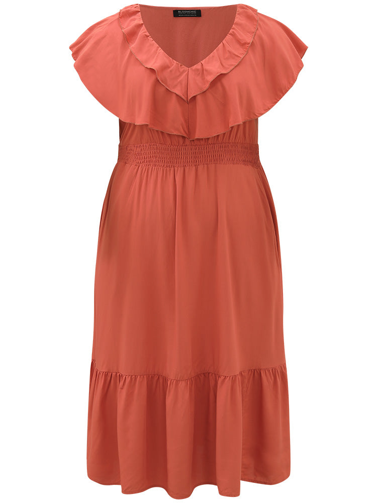 Solid Pocket Ruffle Trim Layered Shirred Dress