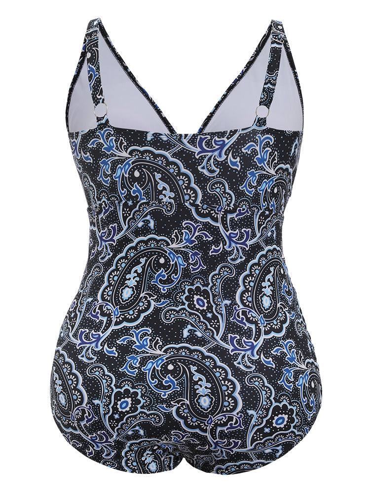 Graphic Print Surplice Neck Ruched One Piece Swimsuit