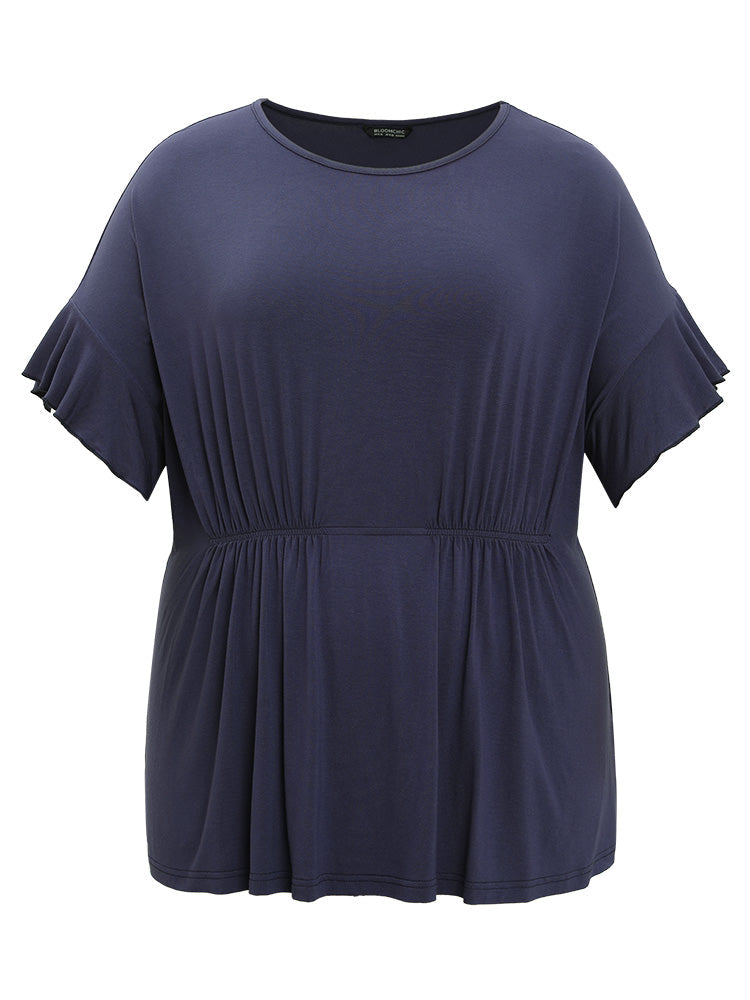 Plain Gathered Batwing Sleeve Ruffle T-shirt