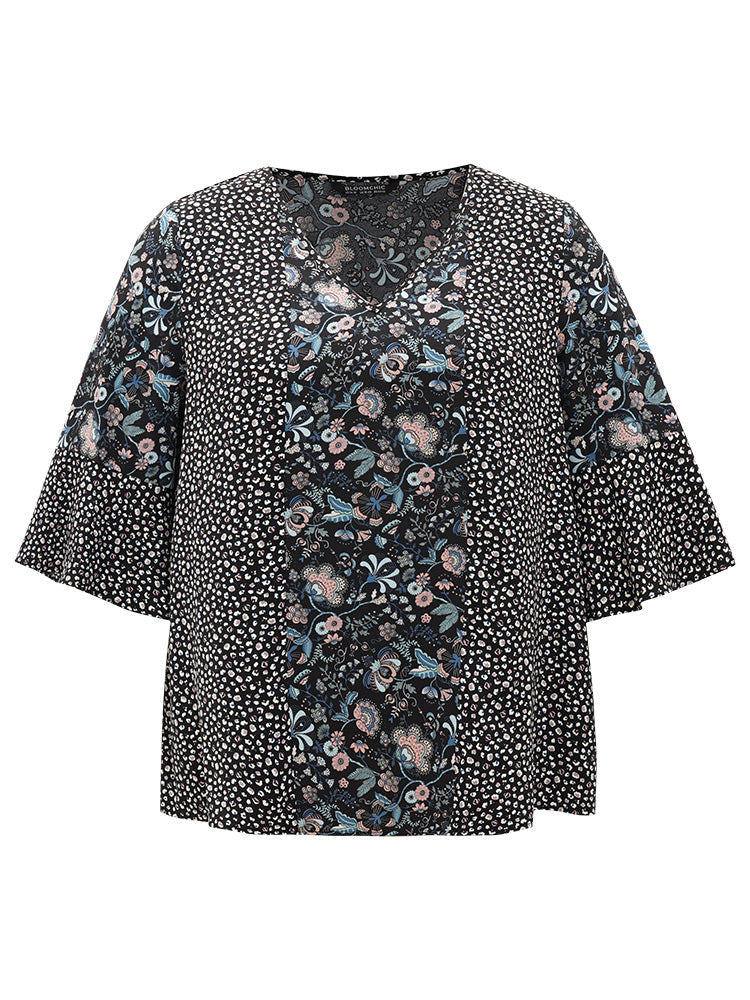 Plants Print Patchwork V Neck Bell Sleeve Blouse