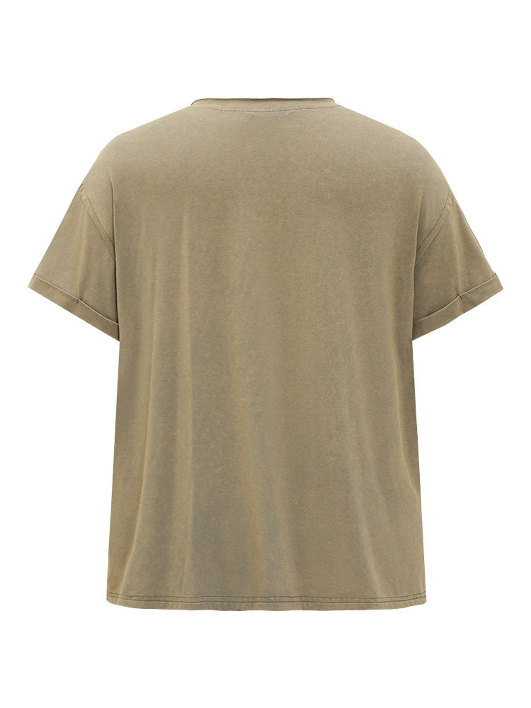 Solid Vintage Roll Sleeve Pocket Split Hem T-shirt