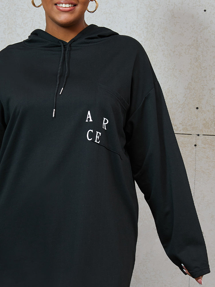 Letter Print Pocket Drawstrng Sweatshirt Dress