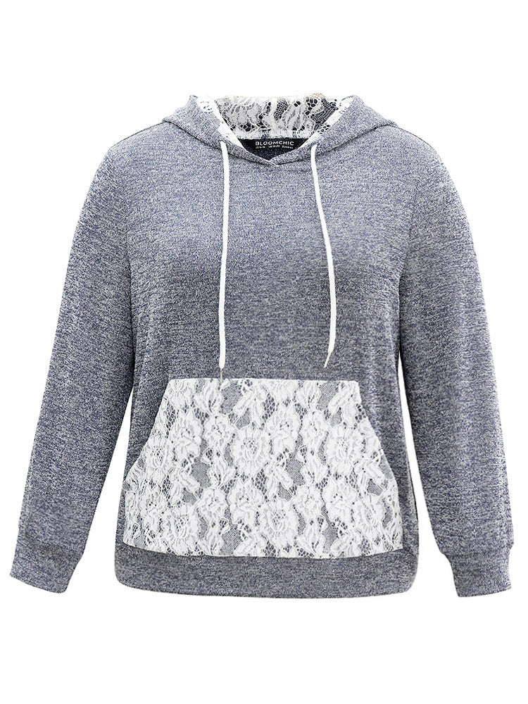 Crochet Lace Patchwork Pocket Hooded Sweatshirt