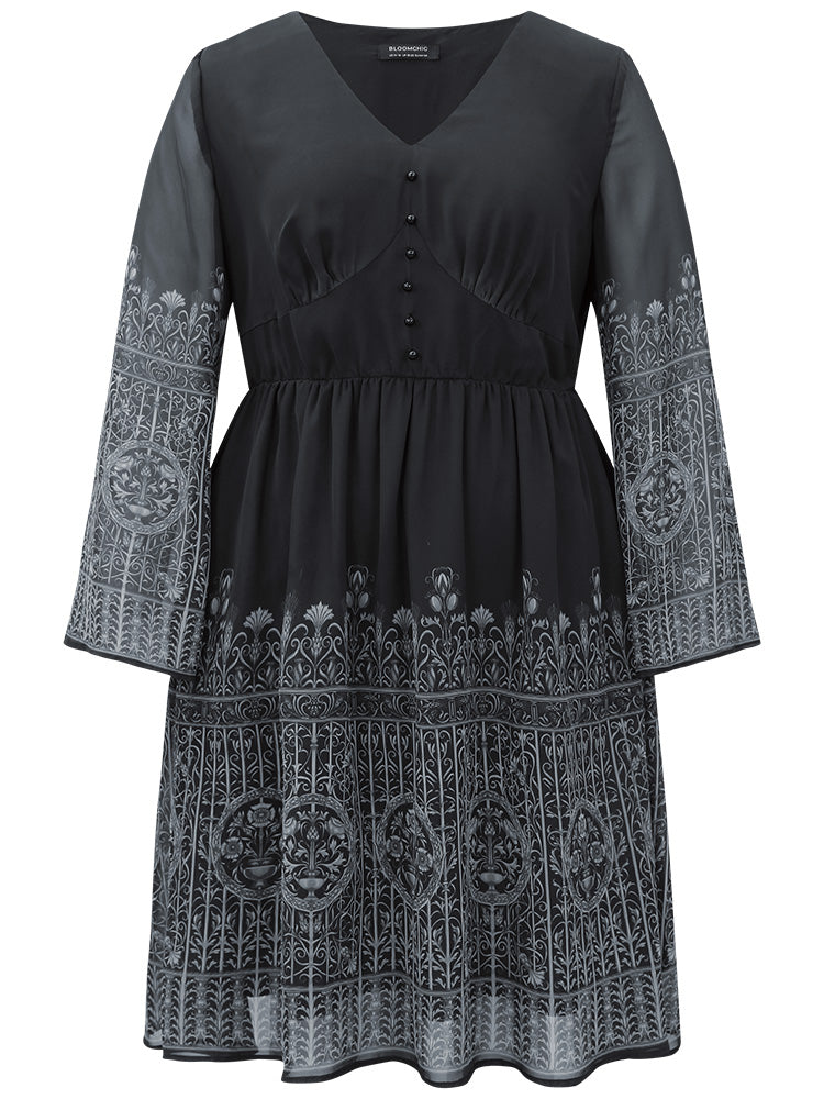 Boho Print Button Detail Bell Sleeve Dress