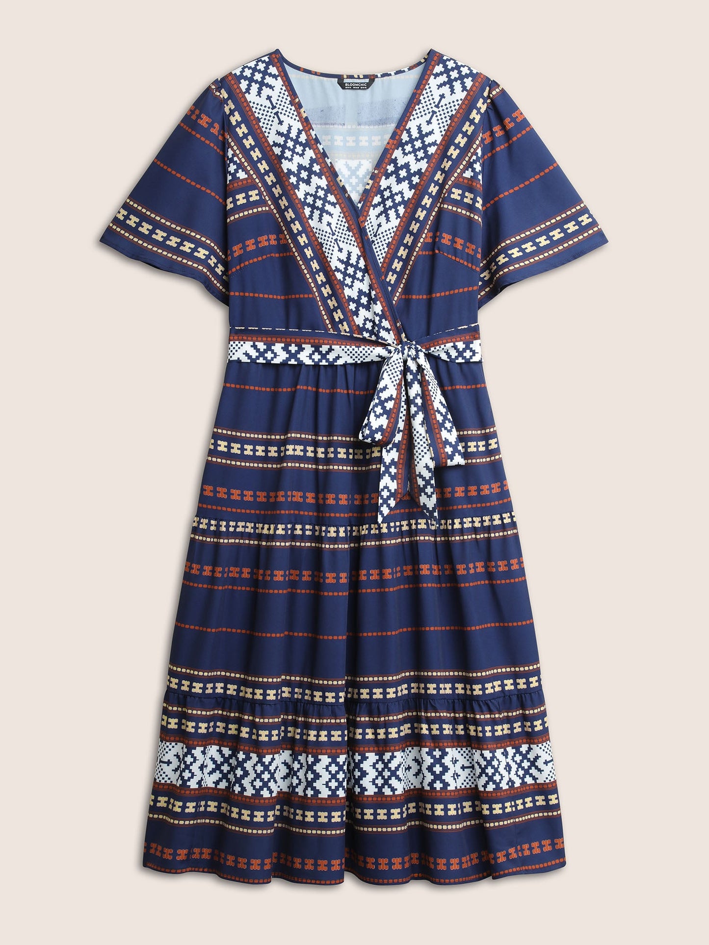 Boho Print Wrap Flutter Sleeve Belted Dress