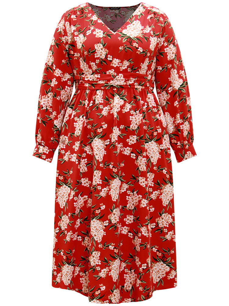 Floral Print Ruched Pocket Pleated Dress