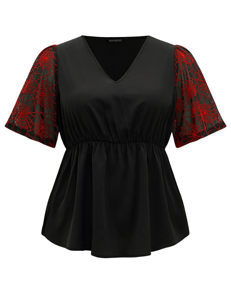 Halloween Spider Web Mesh Patchwork Elastic Waist Blouse