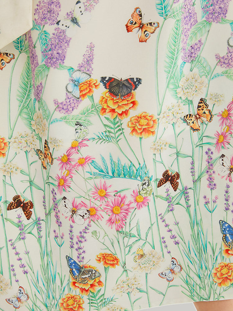 Butterfly & Floral Print Pocket Gathered Halter Neck Belt Dress