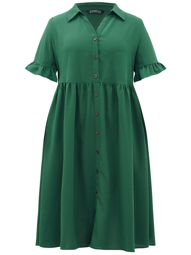 Plain Ruffles Pocket Button Up Pleated Frill Trim Dress