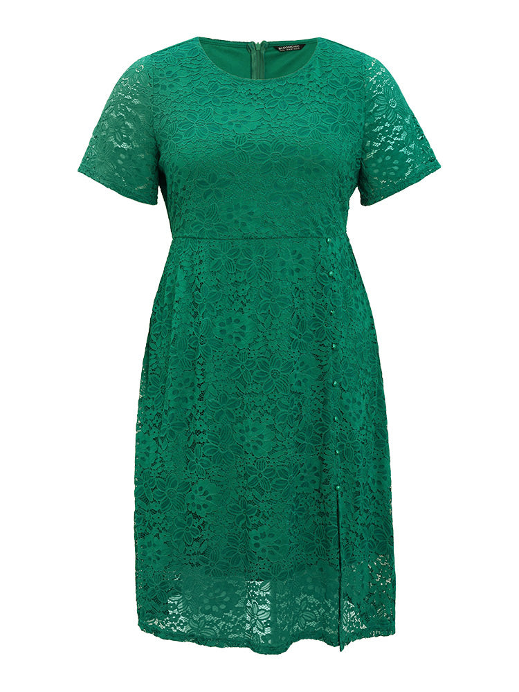 Floral Lace Beaded Zipper Split Dress