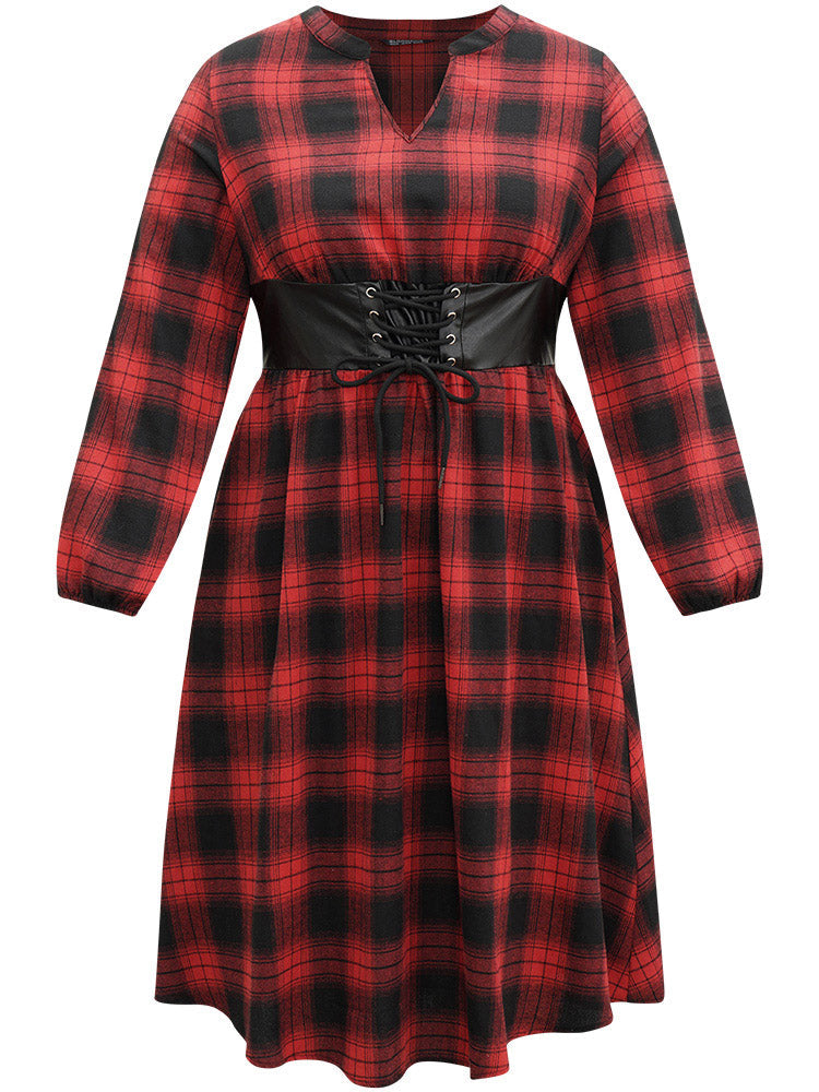 Plaid Lace Up PU Leather Notched Dress