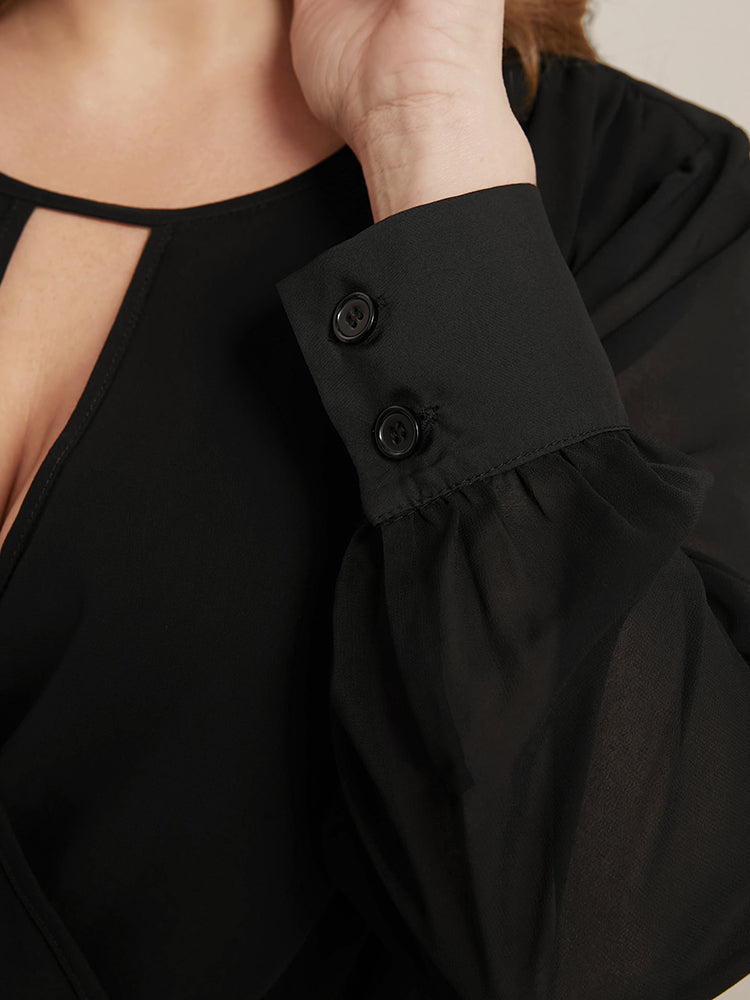 Plain Keyhole Round Neck Pocket Pleated Hem Dress