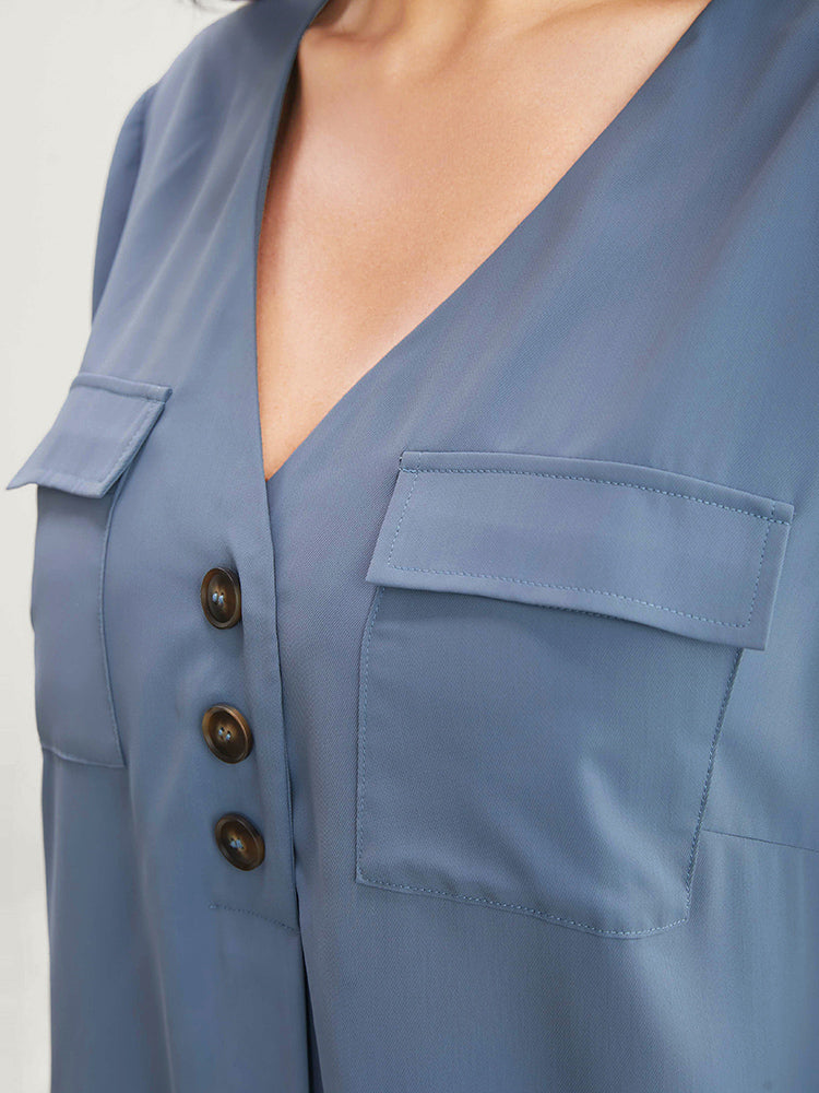 Solid Flap Pocket Button Detail Cuffed Sleeve Blouse