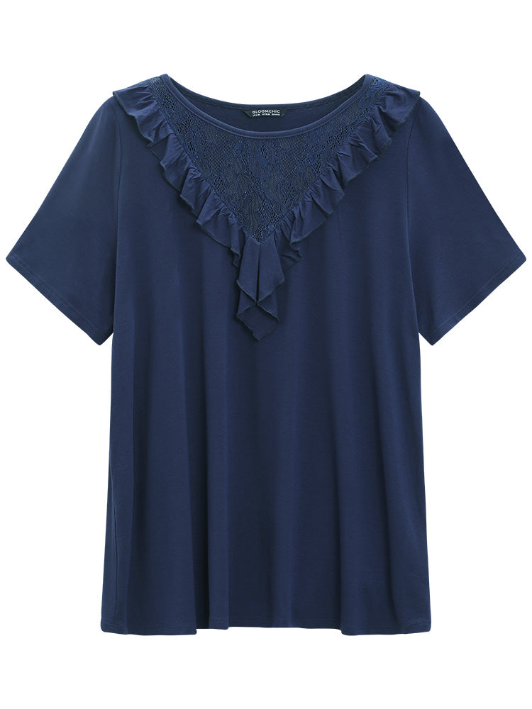 Guipure Lace Round Neck Frill Trim Flutter T-shirt