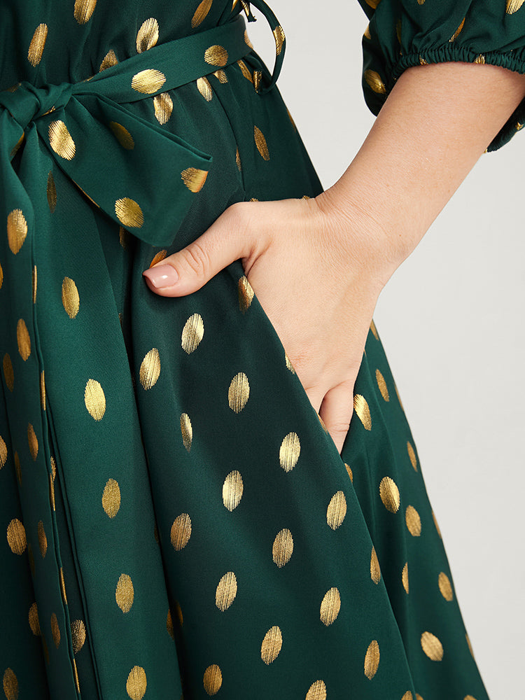 Polka Dot Surplice Neck Lantern Sleeve Pocket Belted Flutter Dress