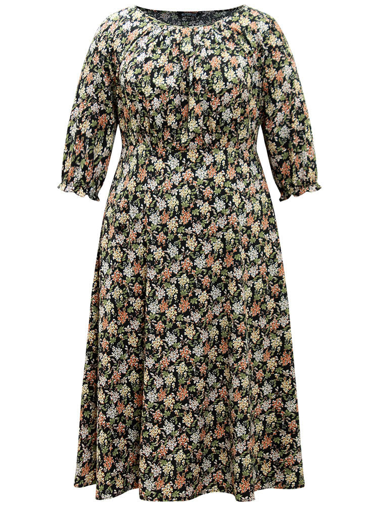 Ditsy Floral Elastic Waist Pleated Dress