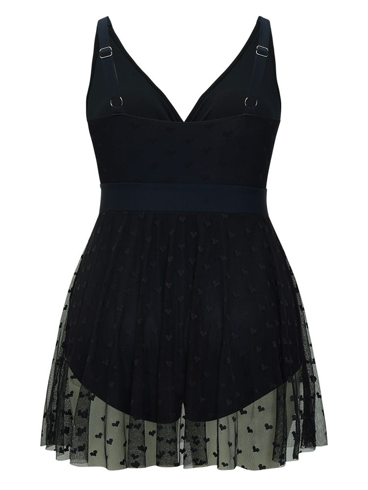 Heart Mesh Hem Wrap Gathered Sculpt Waist Swim Dress