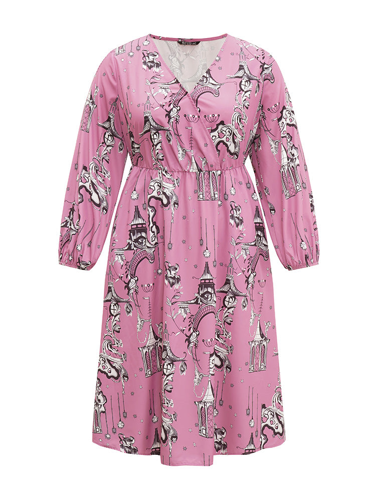 Halloween Print Chiffon Lantern Sleeve Wrap Dress