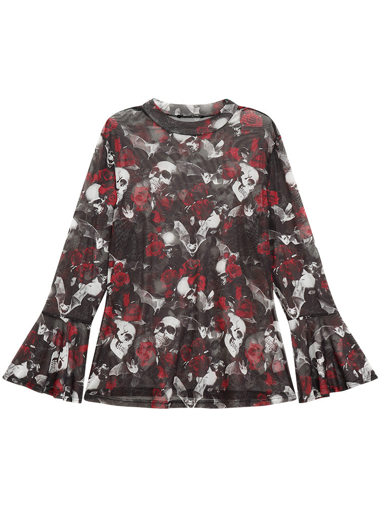 Halloween Skull & Floral Print Mesh T-shirt