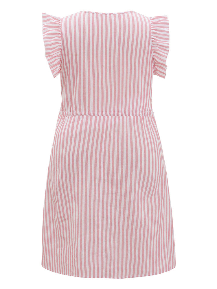 Striped Print Button Detail Ruffle Trim Drawstring Dress