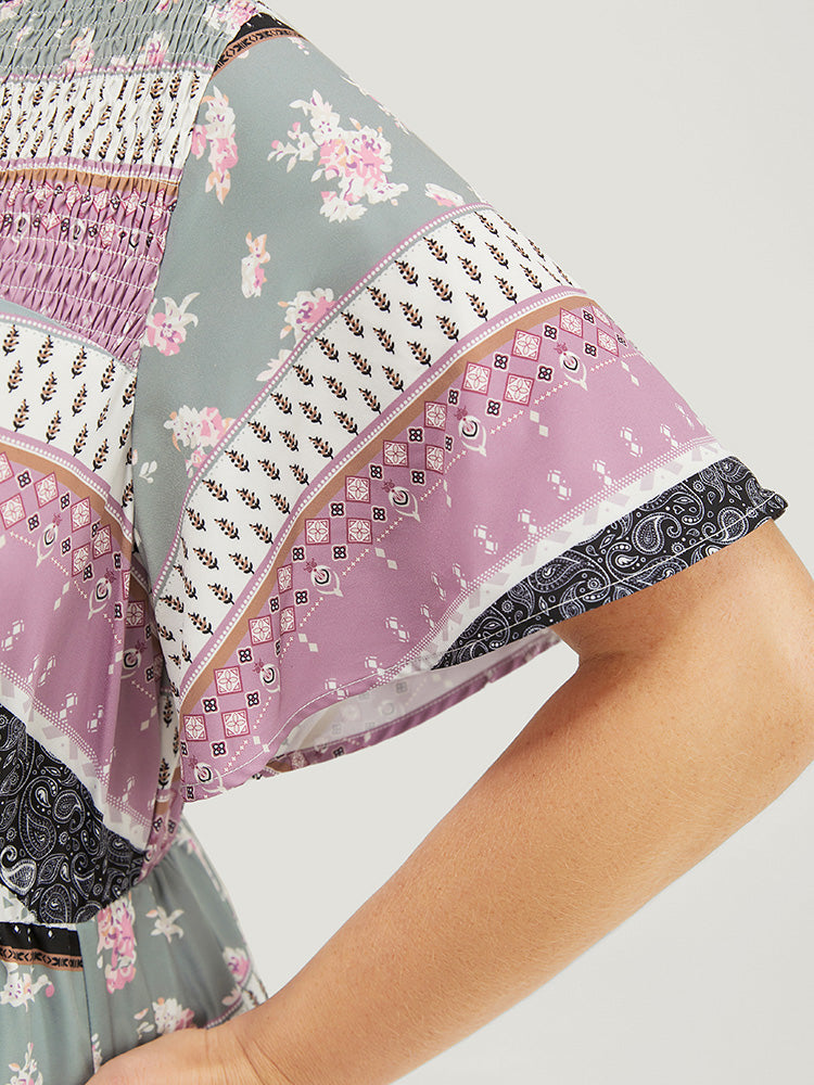 Bandana Print Cut Out Tie Neck Pocket Shirred Striped Dress