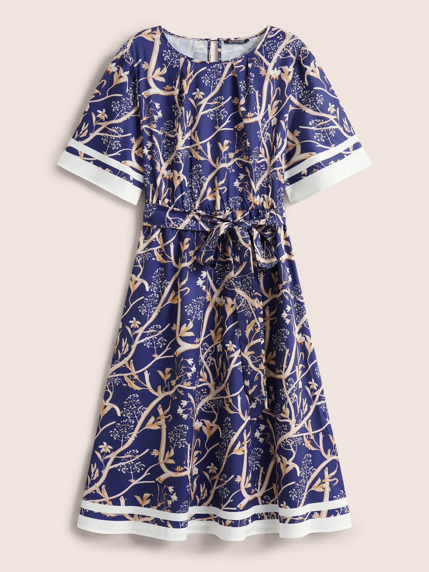 Plants Print Contrast Belted Pleated Dress