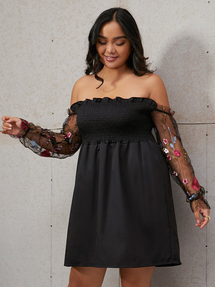 Shirred Embroidered Off Shoulder Bodycon Dress