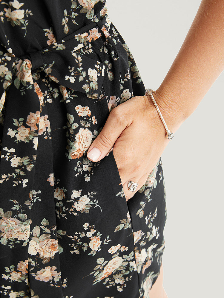 Floral Belt Pocket Crochet Lace Halter Neck Jumpsuit