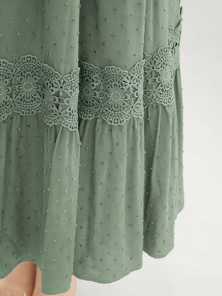 Solid Shirred Square Neck Contrast Lace Ruffle Hem Dress