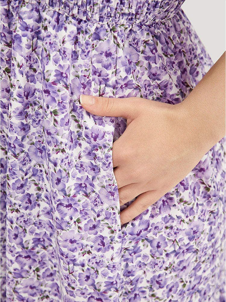 Ditsy Floral Shirred Square Neck Pocket Flutter Dress