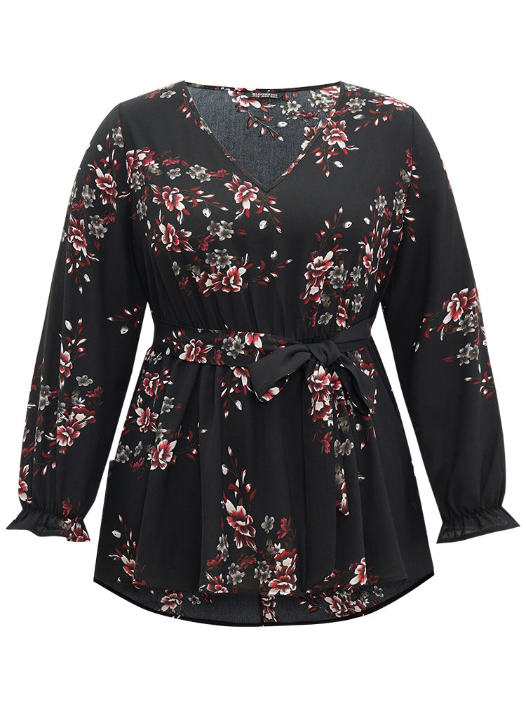 Floral Elastic Waist Ruffles Ties Lantern Sleeve Blouse