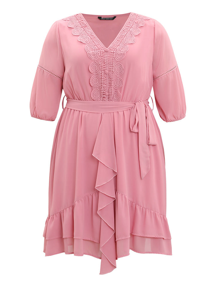 Lace Panel Ruffle Trim Belted Lantern Sleeve Dress