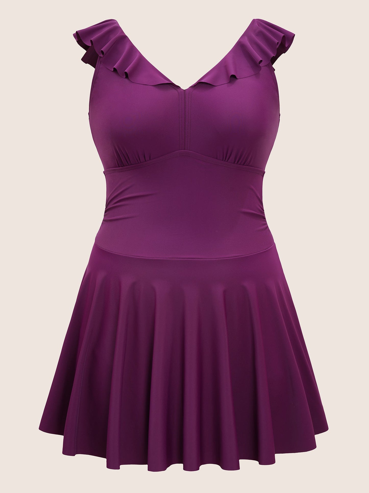 Plain Ruffles Gathered Adjustable Straps Swim Dress