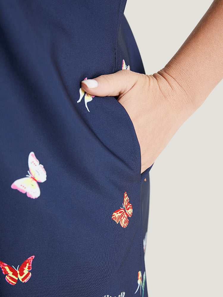 Butterfly & Floral Round Neck Print Pocket Knee Dress