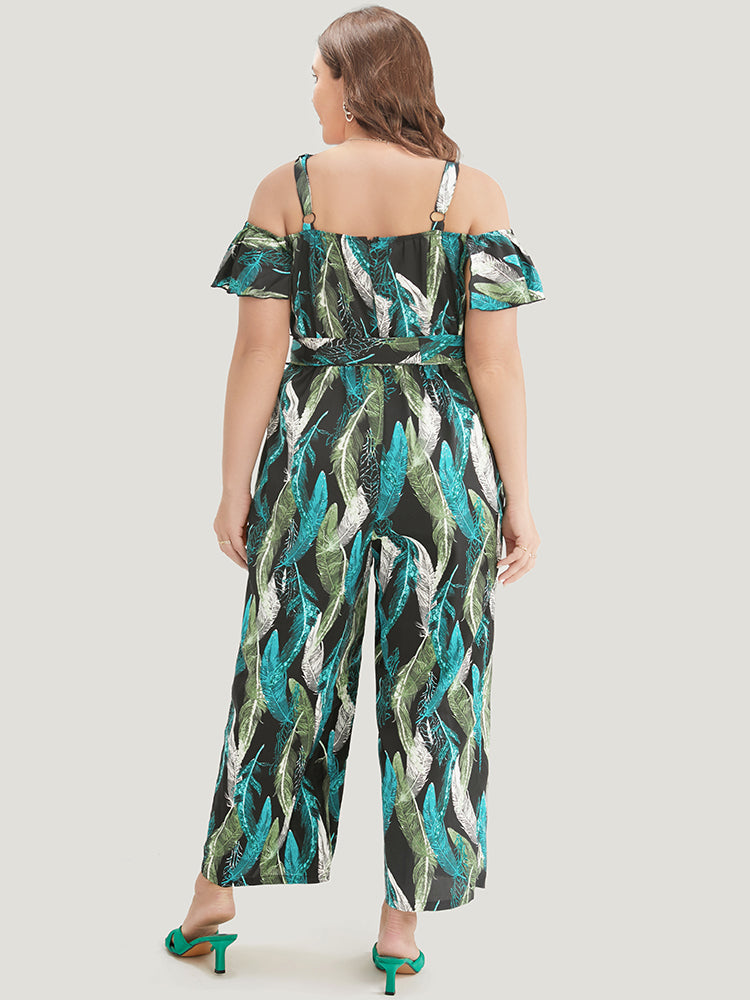Tropical Cold Shoulder Pocket Belted Ruffle Trim Jumpsuit
