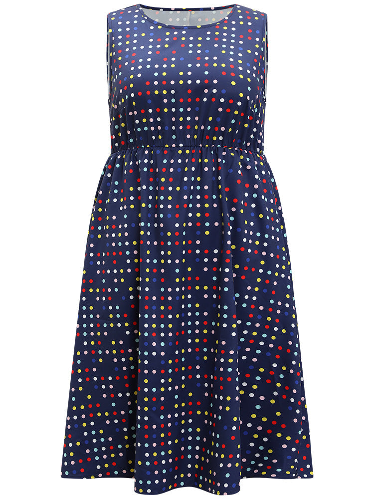 Polka Dot Ruffle Hem Round Neck Pocket Tank Dress
