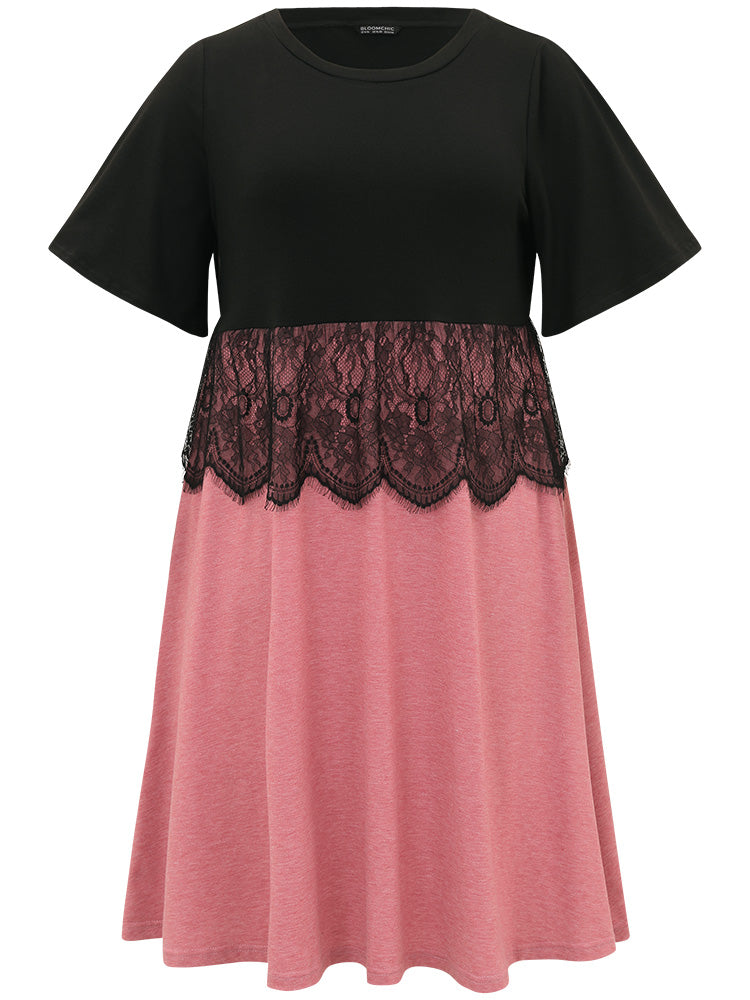 Supersoft Essentials Colorblock Contrast Guipure Lace Flutter Sleeve Dress