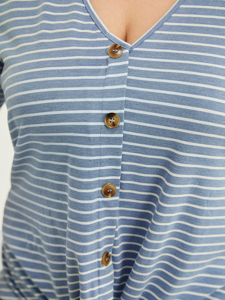 Striped Contrast Knotted Hem Button Detail T-shirt