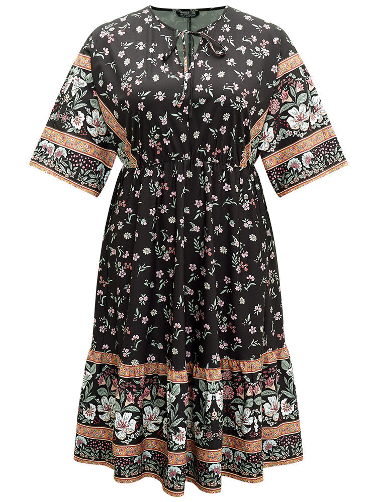 Bandana Print Tie Neck Flounce Sleeve Dress