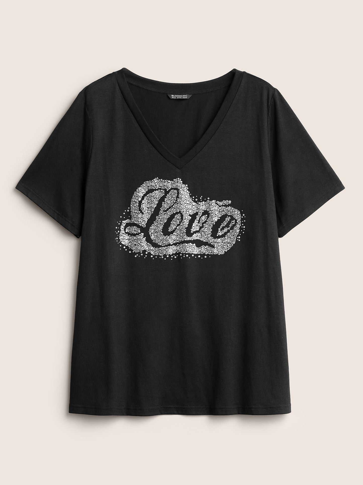 Love Rhinestone V Neck T-shirt
