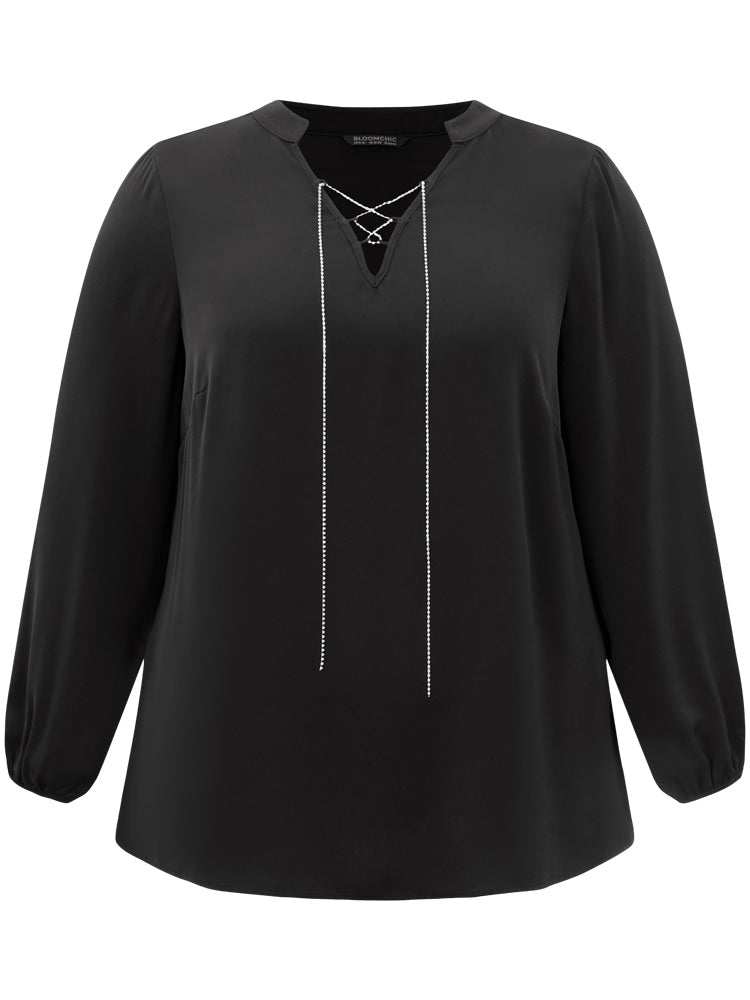 Anti-Wrinkle Lace Up Chain Detail Lantern Sleeve Blouse