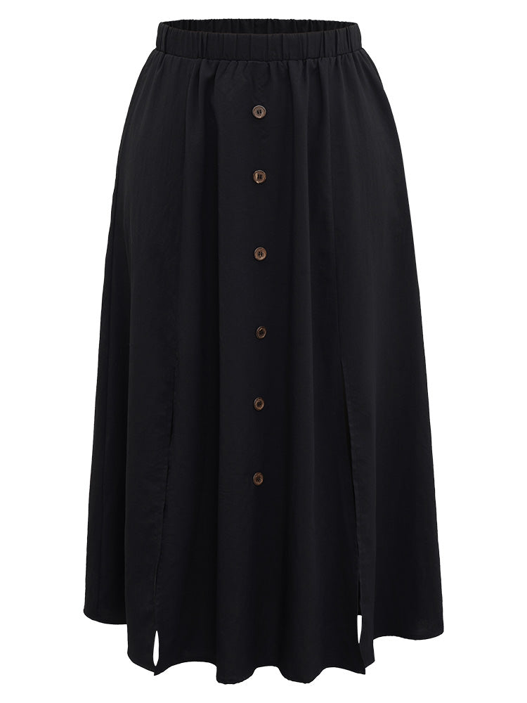 Plain Elastic Waist Pocket Button Detail Split Hem Skirt