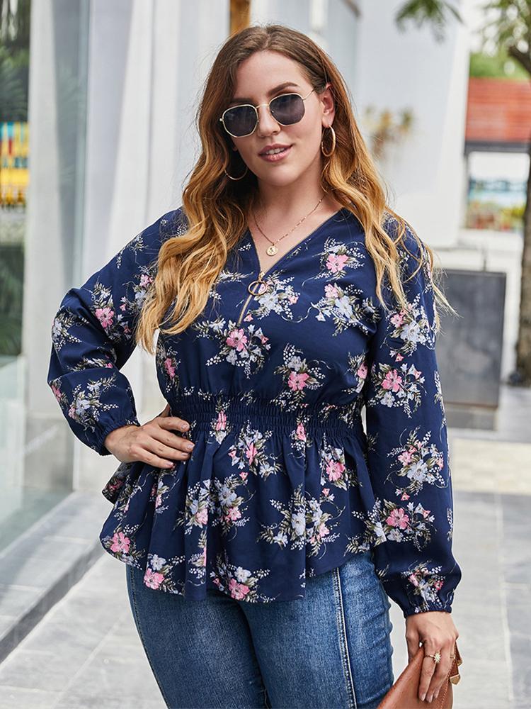 Floral Printed Shirred Waist V-neck Blouse