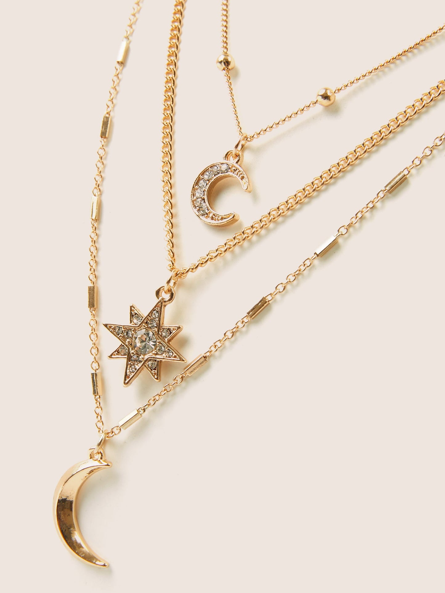 Gold Moon & Star Rhinestone Detail Layered Necklace