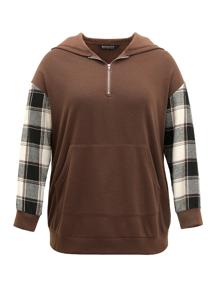 Plaid Patchwork Half Zip Pocket Hooded Sweatshirt